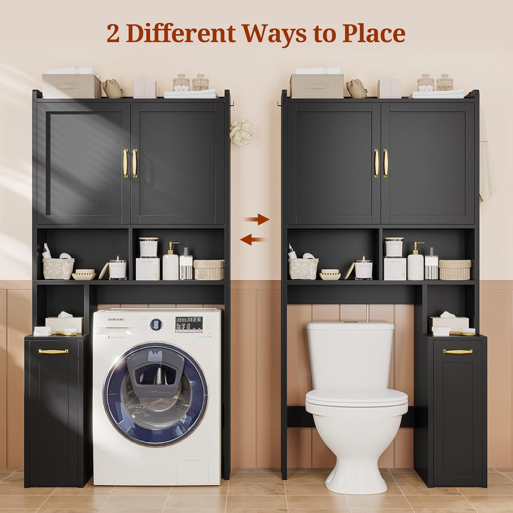 UPOSOJA Over The Toilet Storage Cabinet with Pulley Small Bathroom Storage Cabinet, Space Saver W/Adjustable Shelf & Open Shelf for Bathroom, Restroom, Laundry (Black)