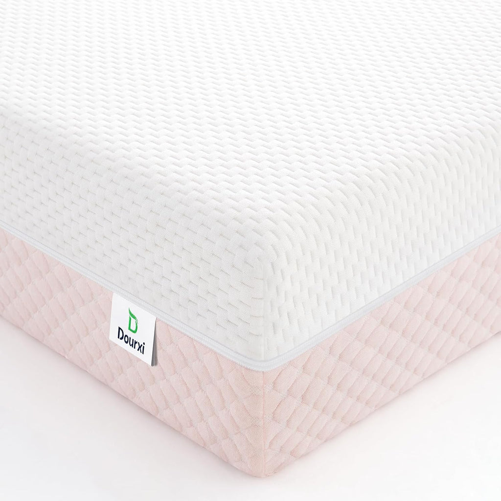 Dourxi Crib Mattress, Dual Sided Comfort Memory Foam Toddler Bed Mattress, Triple-Layer Breathable Premium Baby Mattress for Infant and Toddler w/Removable Outer Cover - White&Pink