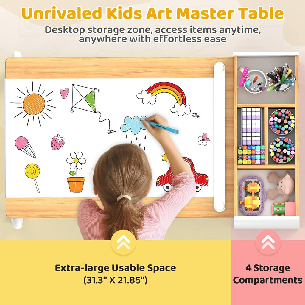 DOREROOM Kids Art Table and Chair Set, Craft and Play Wood Activity Table with Storage Bins and Paper Roll, Toddler Desk for Playroom/Nursery/Home, Kids Table and Chairs Set for Drawing/Learning/Read