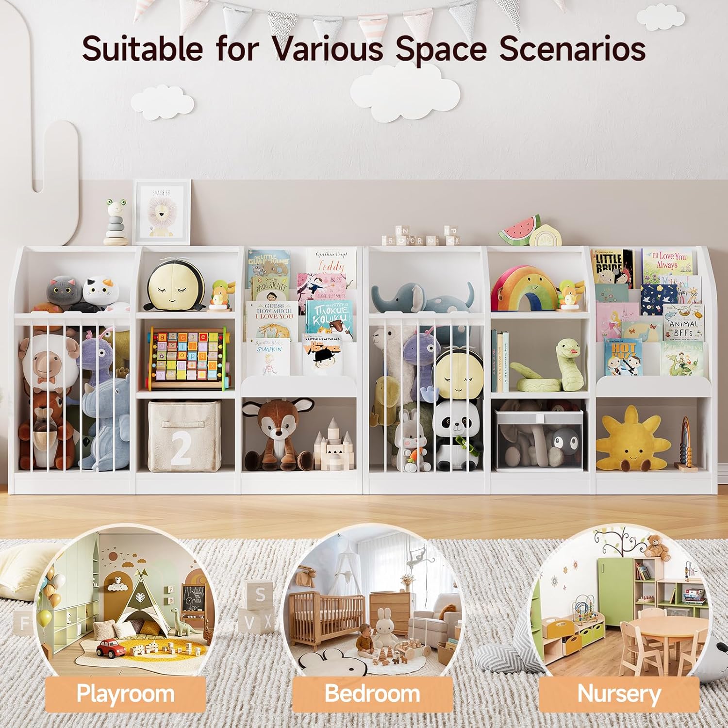 ONBRILL Toy Storage Organizer with Bookshelf & Stuffed Animal Storage, Kids Montessori Low Cabinet with 4 Open Cubbies for Kids Room Playroom Nursery Bedroom Living Room (White)