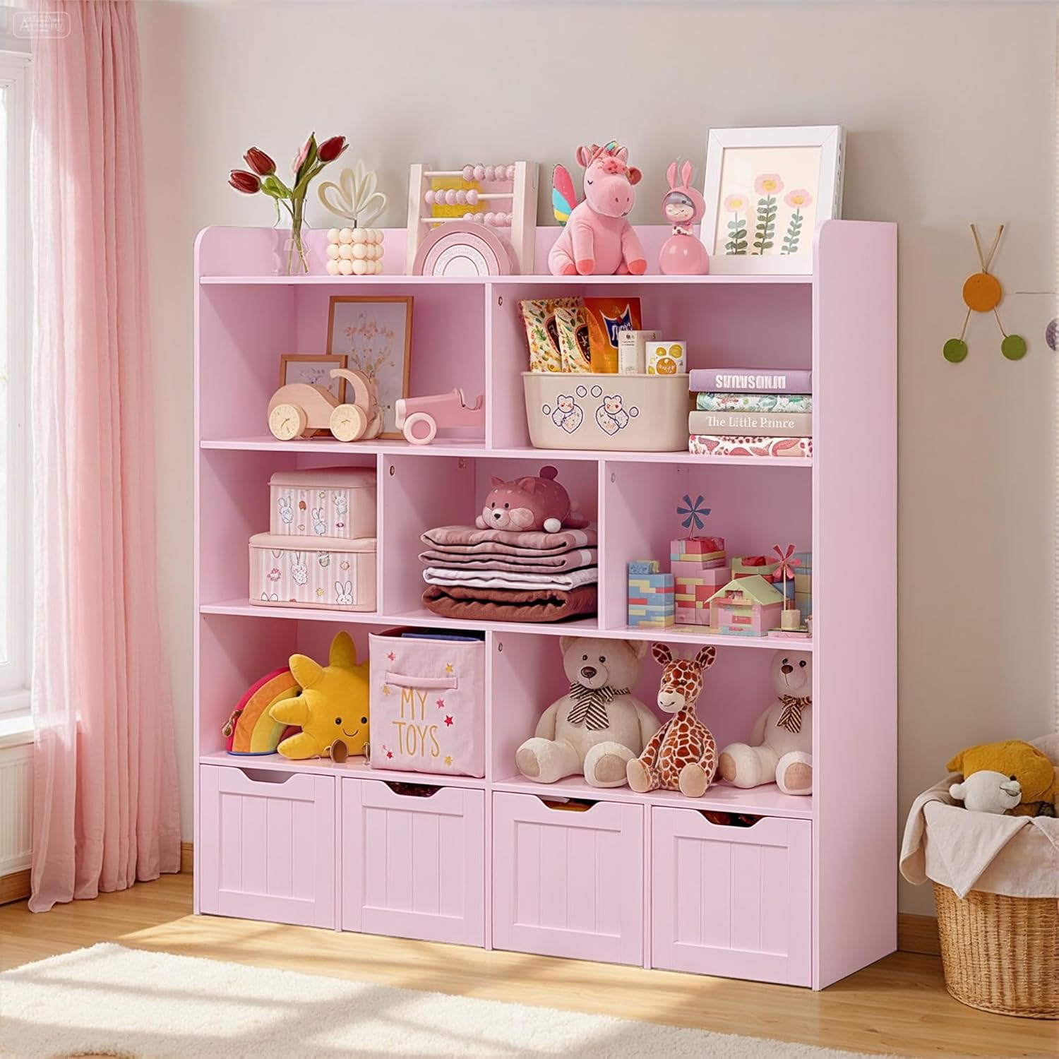Gizoon Toy Storage Cabinet and Kids Bookcase with 4 Movable Drawers and 8 Open Shelves Toy Chest Shelf Organizer with Hidden Wheels for Playroom Nursery Kids Room, Pink