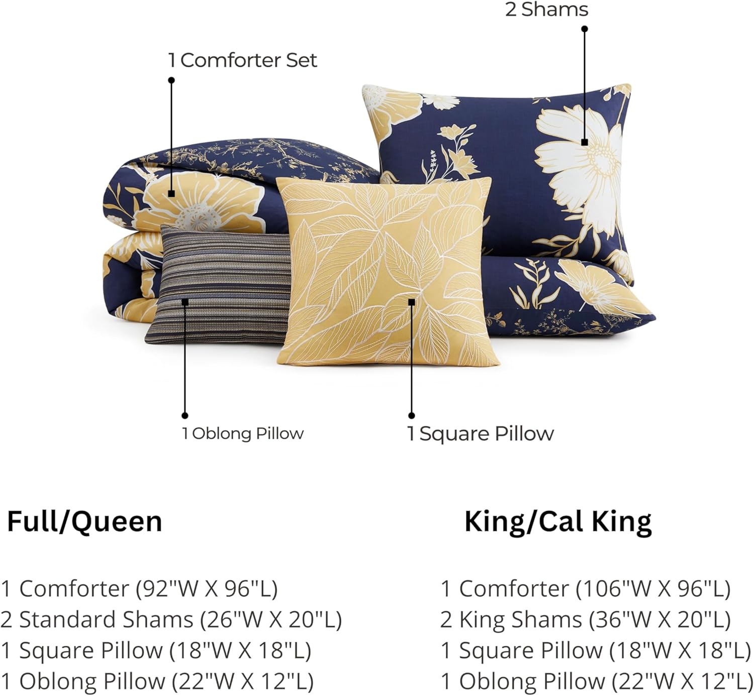 Bebejan Sunglow 5 Piece Comforter Set, 100% Cotton Sateen, 220 Thread Count, Blue Reversible Bedding Comforter Set, 1 Comforter, 2 Shams & 2 Pillows (King/Cal King)