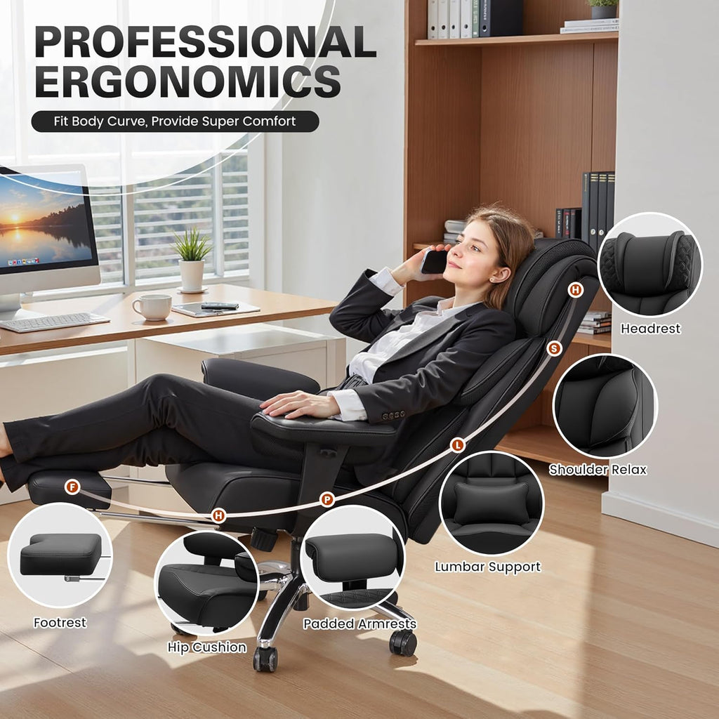 BestGlory Office Desk Chair, Big and Tall Leather Gaming Chair with Footrest, Wide Ergonomic Comfy Executive High-Back Reclining Computer Chairs, Swivel Rolling Wheels and Padded Lumbar Support, Black