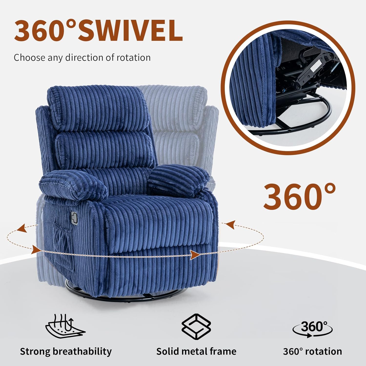 Premium Velvet 360° Swivel Recliner - High Back Gliding Rocking Chair Nursery Recliner Chair, Plush Footrest, Supportive Armrests & Side Pocket, Great for Nursery & Living Room, Blue