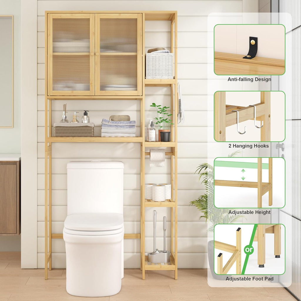 Over the Toilet Storage Cabinet Above Toilet Bathroom Organizer with Toilet Paper Holder Stand Bath Organizer with Adjustable Shelves & Acrylic Doors,Anti-Tip Device (Nature)