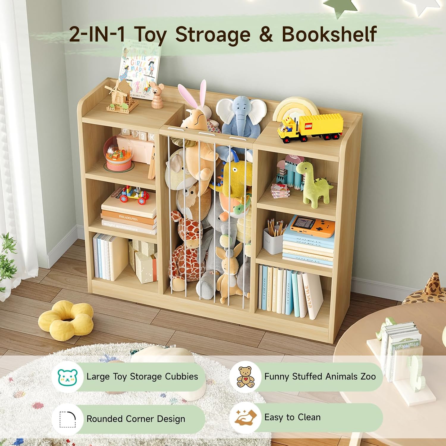 Toddler Stuffed Animal Zoo, Toy Storage Organizer for Playroom, Plush Toy Organizers and Storage, Book Shelf for Kids Rooms, Elastic Band Child Bookcase, Toy Shelf with 8 Storage Cubbies (Maple Wood)