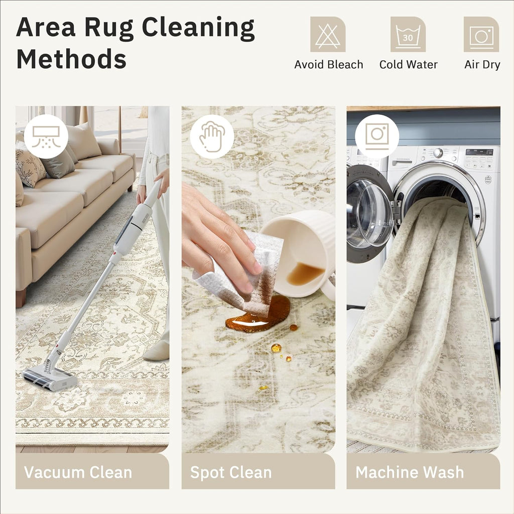 Soalmost 9x12 Area Rugs for Living Room, Non Slip Machine Washable Vintage Rugs, Low Pile Lightweight Large Rug for Bedroom, Dining Room, Home Office Beige/Brown