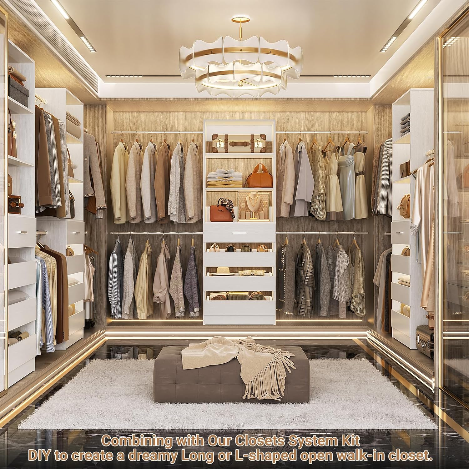 Aheaplus Closet System, 4-9Ft Closet Organizer with 4 Wooden Drawers, Wood Closet Organizer System with Tower, Walk-in Closet Organizer Wardrobe Clothes Rack with 4 Hanging Rods, Garment Rack, White