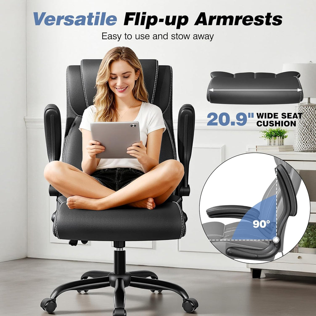 BESTFAIR Ergonomic Office Chair - Desk Computer Chair, Leather High Back Executive Chairs with Adjustable Lumbar Support & Flip Up Arms, Rocking, Black
