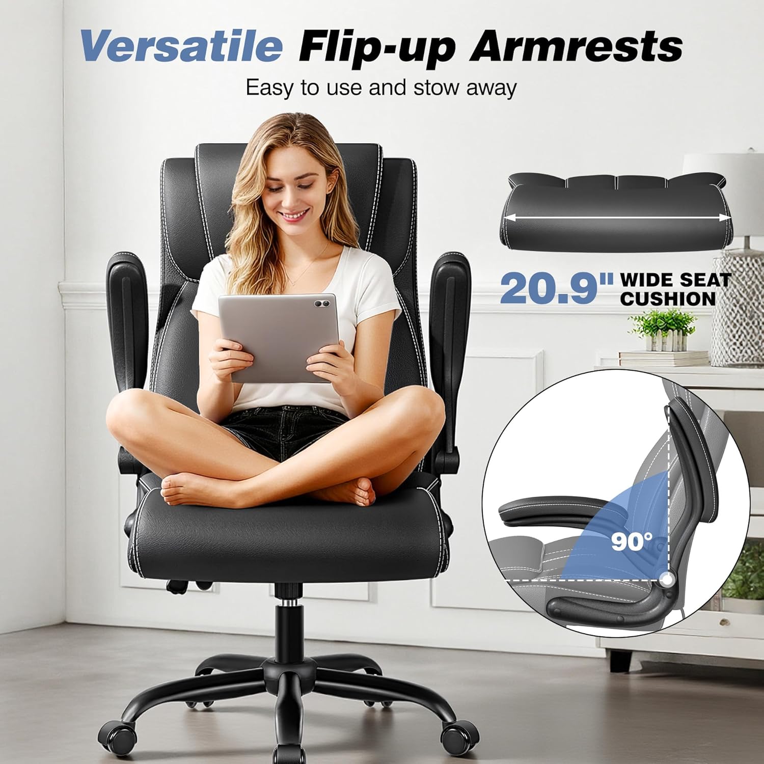 BESTFAIR Ergonomic Office Chair - Desk Computer Chair, Leather High Back Executive Chairs with Adjustable Lumbar Support & Flip Up Arms, Rocking, Black