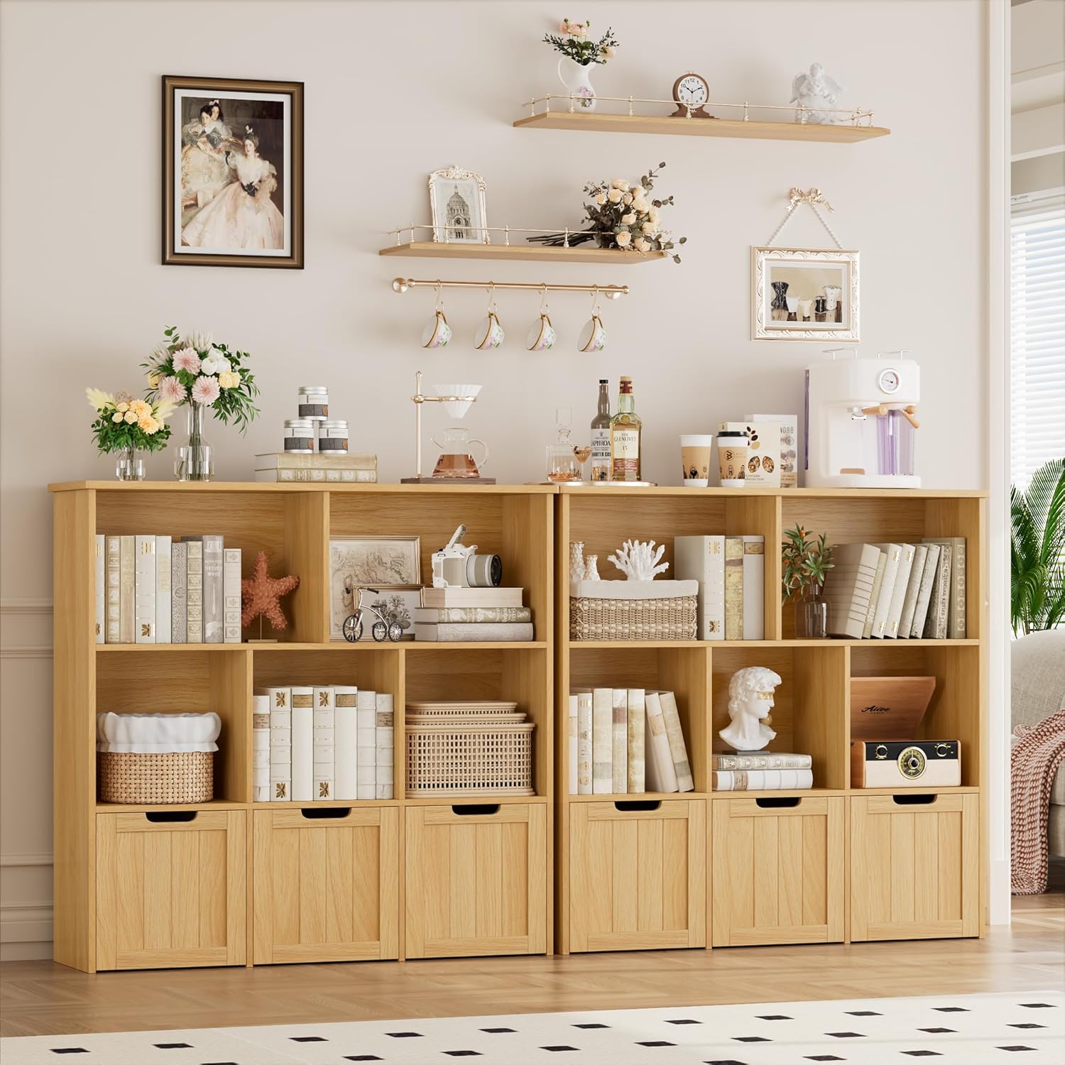FOTOSOK Toy Storage Organizer with 3 Movable Drawers, Floor Storage Cabinet Toy Chest with Hidden Wheels and 5 Storage Cubbies, Multifunctional Storage Chest for Playroom, Natural