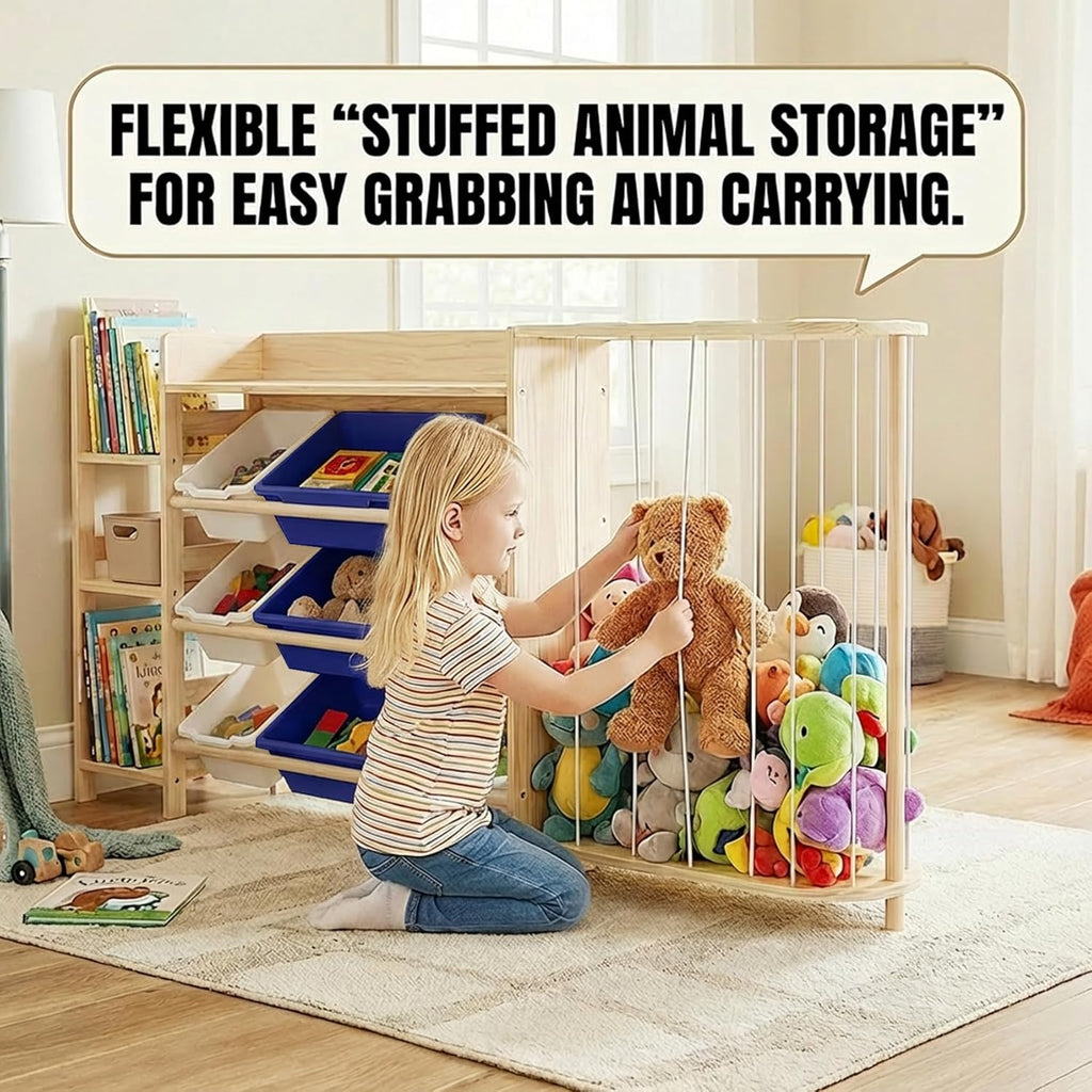 Amdermi Kids Toy Storage Organizer with 9 Plastic Bins, 3-Tier Wooden Shelving Unit for Playroom & Bedroom, Nursery Bookshelf and Stuffed Animal Zoo Storage, Natural Wood Finish （Blue）