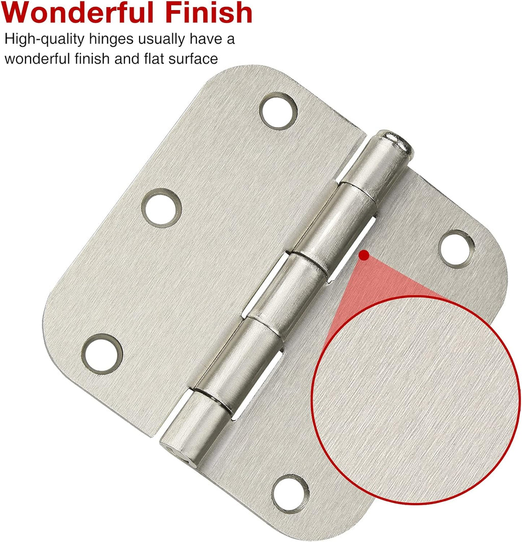 24 Pack Brushed Nickel Door Hinges 3.5 x 3 1/2 Inch Interior Rounded 5/8" Radius Corners Iron Bifold Silver Residential Satin Nickels Hinge for Doors Hardware Kit Office Bedroom Study Living Room