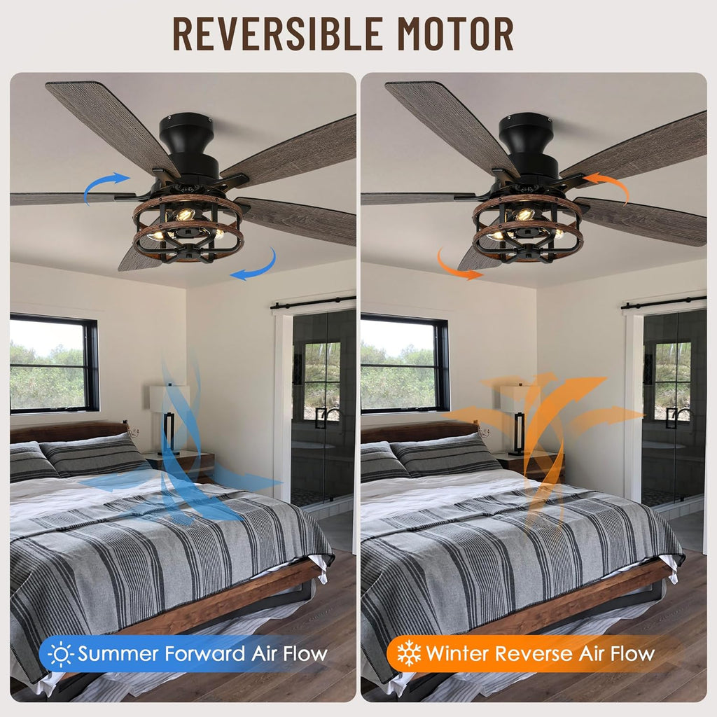 52" Farmhouse Ceiling Fans with Lights and Remote,Chandelier Ceiling Fan with 5 Double Colour Blades Reversible DC Motor,Rustic Caged Ceiling Fan for Living Room,Dining Room,Bedroom