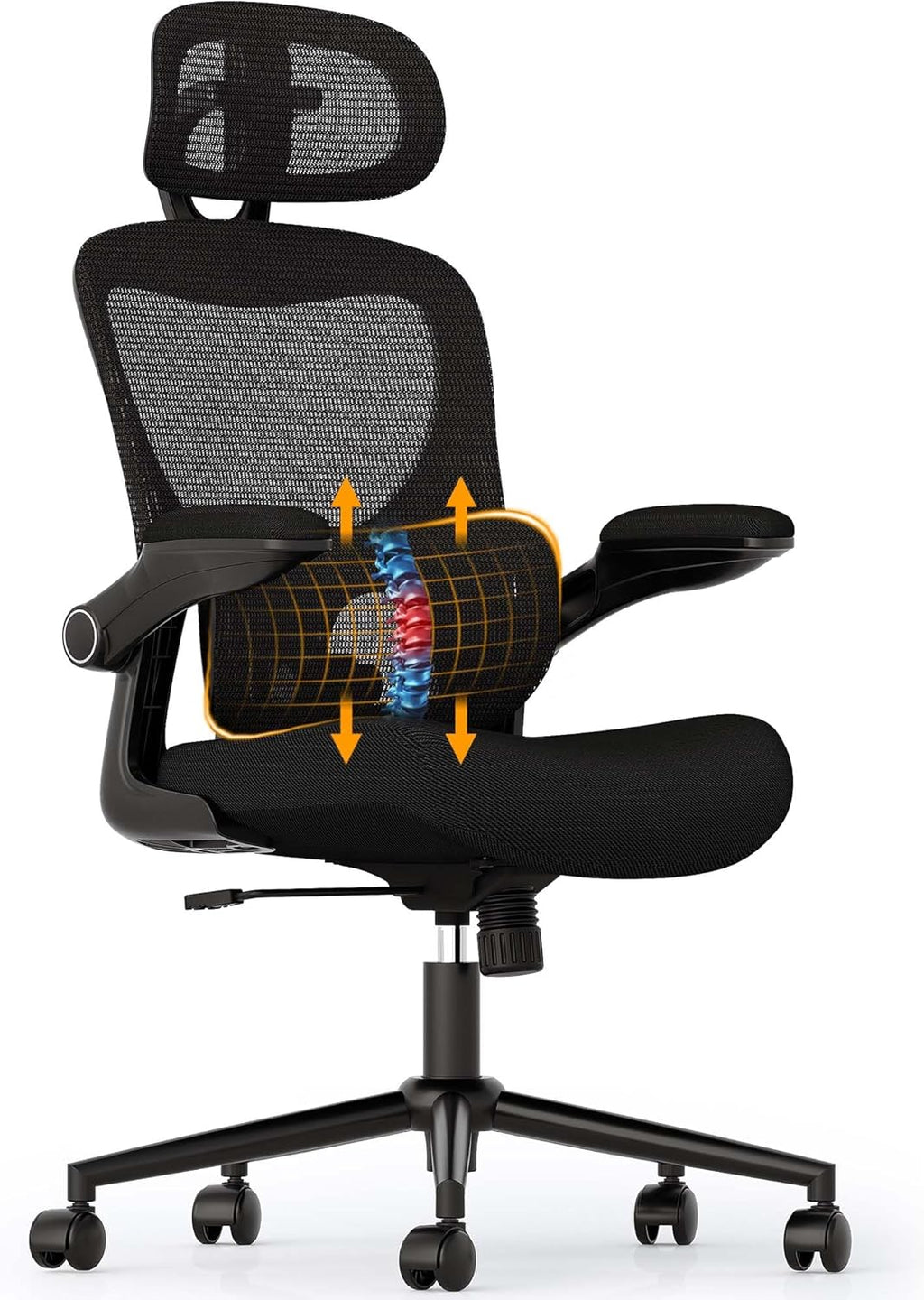 SUNNOW Ergonomic Office Chair, Comfy Mesh Desk Chair, High Back Computer Gaming Chairs with Adjustable Lumbar Support, Flip-Up Arms, Headrest, Tilt Function, Wide Cushion, Swivel Wheel, BIFMA Quality