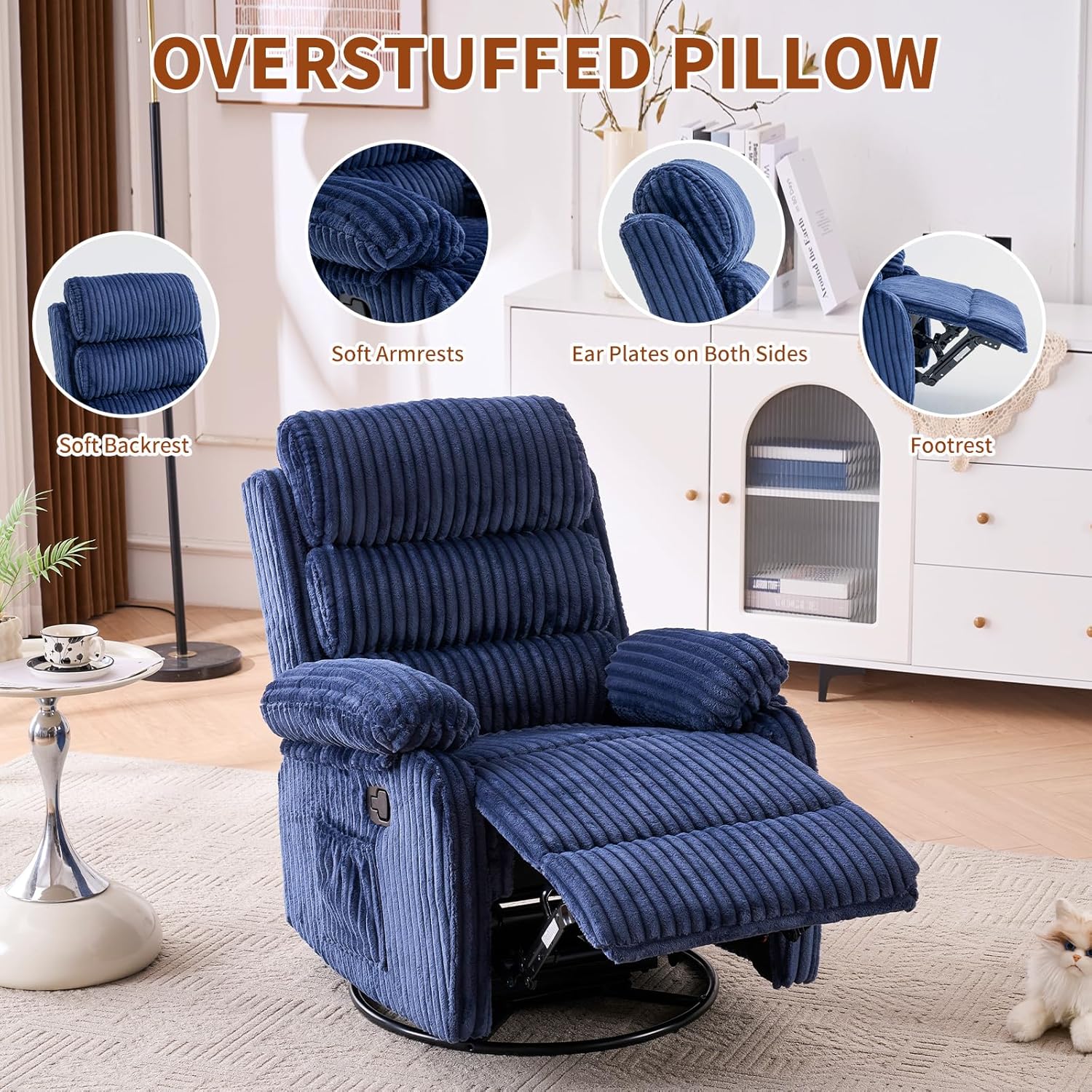 Premium Velvet 360° Swivel Recliner - High Back Gliding Rocking Chair Nursery Recliner Chair, Plush Footrest, Supportive Armrests & Side Pocket, Great for Nursery & Living Room, Blue