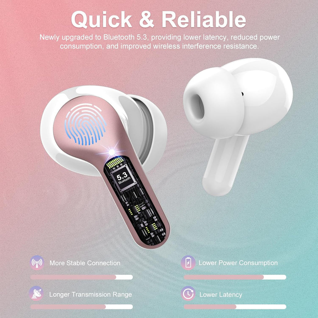 Wireless Earbuds, Bluetooth 5.4 Headphones HiFi Stereo, Bluetooth Earbuds with ENC Noise Cancelling Mic, IP7 Waterproof in Ear Earphones, 48H, LED Display Ear buds for Pad Phones Workout, Rose Gold