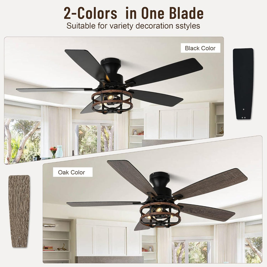 52" Farmhouse Ceiling Fans with Lights and Remote,Chandelier Ceiling Fan with 5 Double Colour Blades Reversible DC Motor,Rustic Caged Ceiling Fan for Living Room,Dining Room,Bedroom