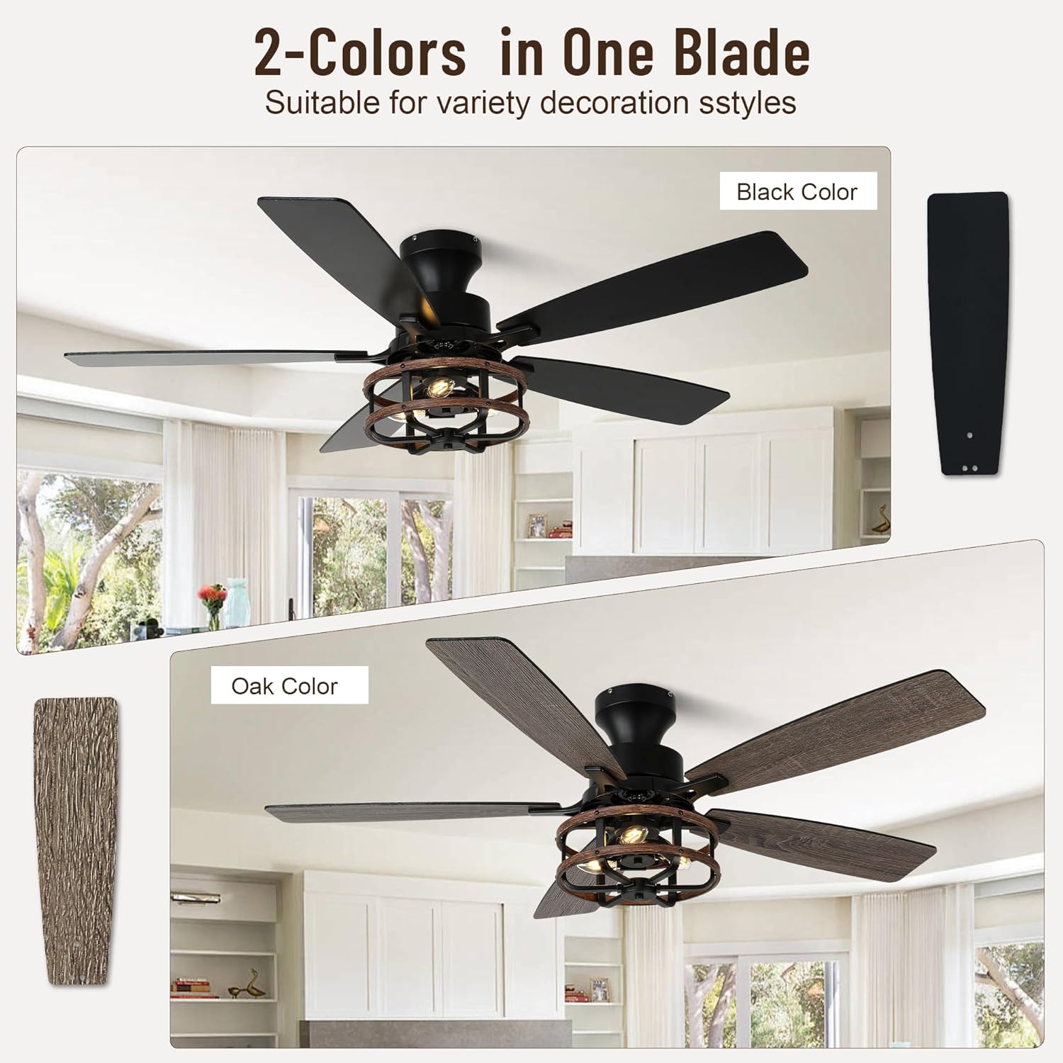 52" Farmhouse Ceiling Fans with Lights and Remote,Chandelier Ceiling Fan with 5 Double Colour Blades Reversible DC Motor,Rustic Caged Ceiling Fan for Living Room,Dining Room,Bedroom