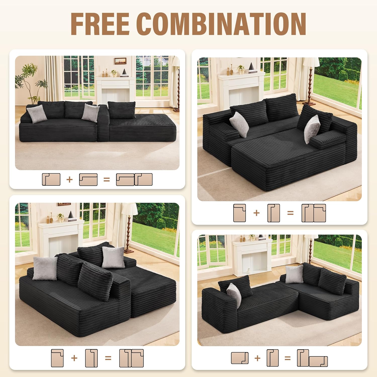 Hobestluk Modular Sectional Sofa Couches L-Shape Couch 3 Seat Modular Sofa Memory Foam Sectional Couches for Living Room, Cloud Couch with Oversized Chaise (96" Right Facing Chaise)