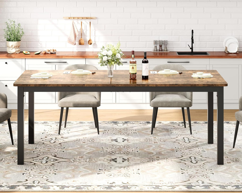 71 Inch Industrial Dining Table, Large Rectangle Kitchen Table with Metal Legs, Round Corners, Wooden Conference Tables Writing Desk for Dining Room, Living Room, Retro Brown