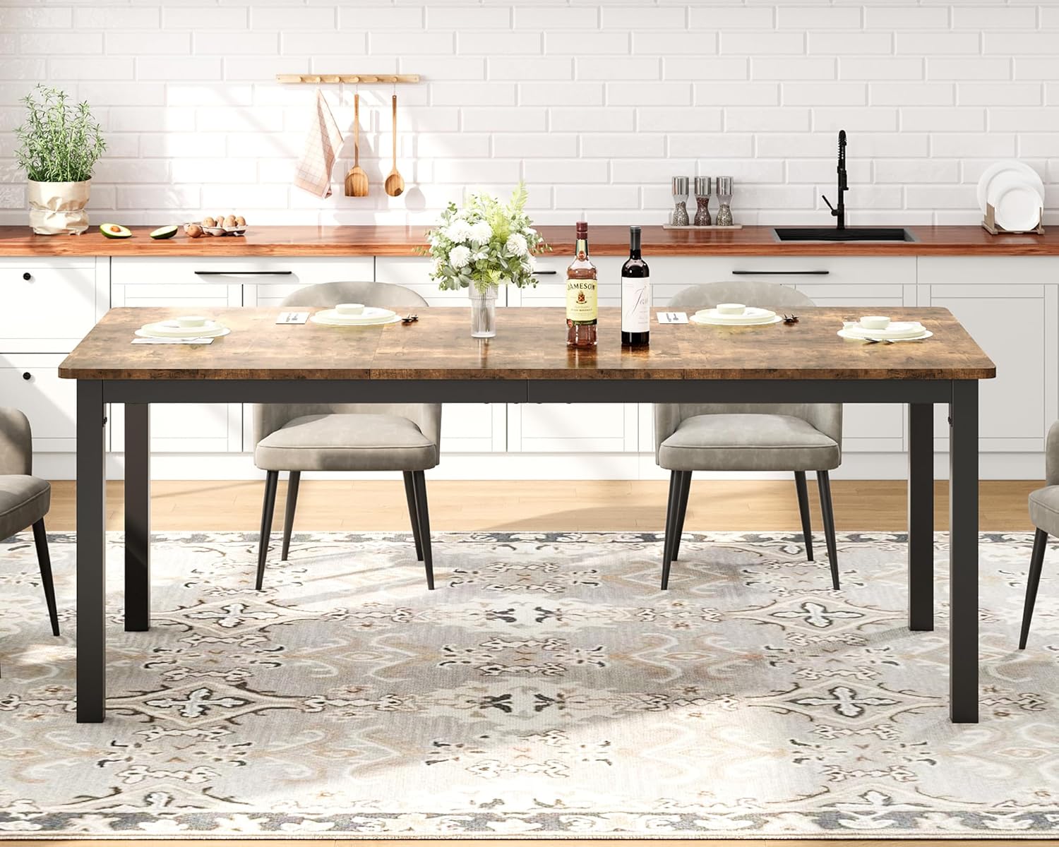 71 Inch Industrial Dining Table, Large Rectangle Kitchen Table with Metal Legs, Round Corners, Wooden Conference Tables Writing Desk for Dining Room, Living Room, Retro Brown