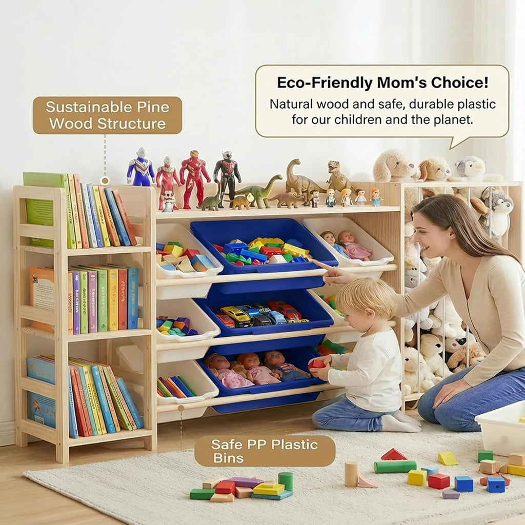 Amdermi Kids Toy Storage Organizer with 9 Plastic Bins, 3-Tier Wooden Shelving Unit for Playroom & Bedroom, Nursery Bookshelf and Stuffed Animal Zoo Storage, Natural Wood Finish （Blue）