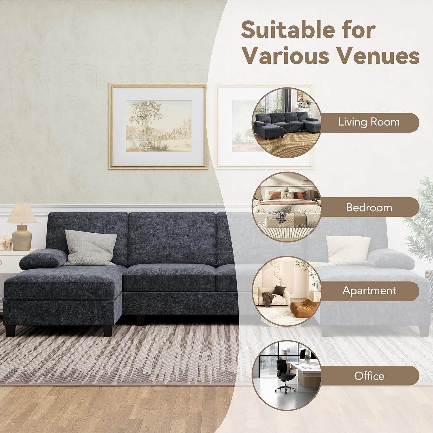 U-Shaped Sectional Couches for Living Room, 4 Seat Sofa with Double Chaise Lounges,Solid Wood Frame Sectional Sofa for Apartment,Dark Grey