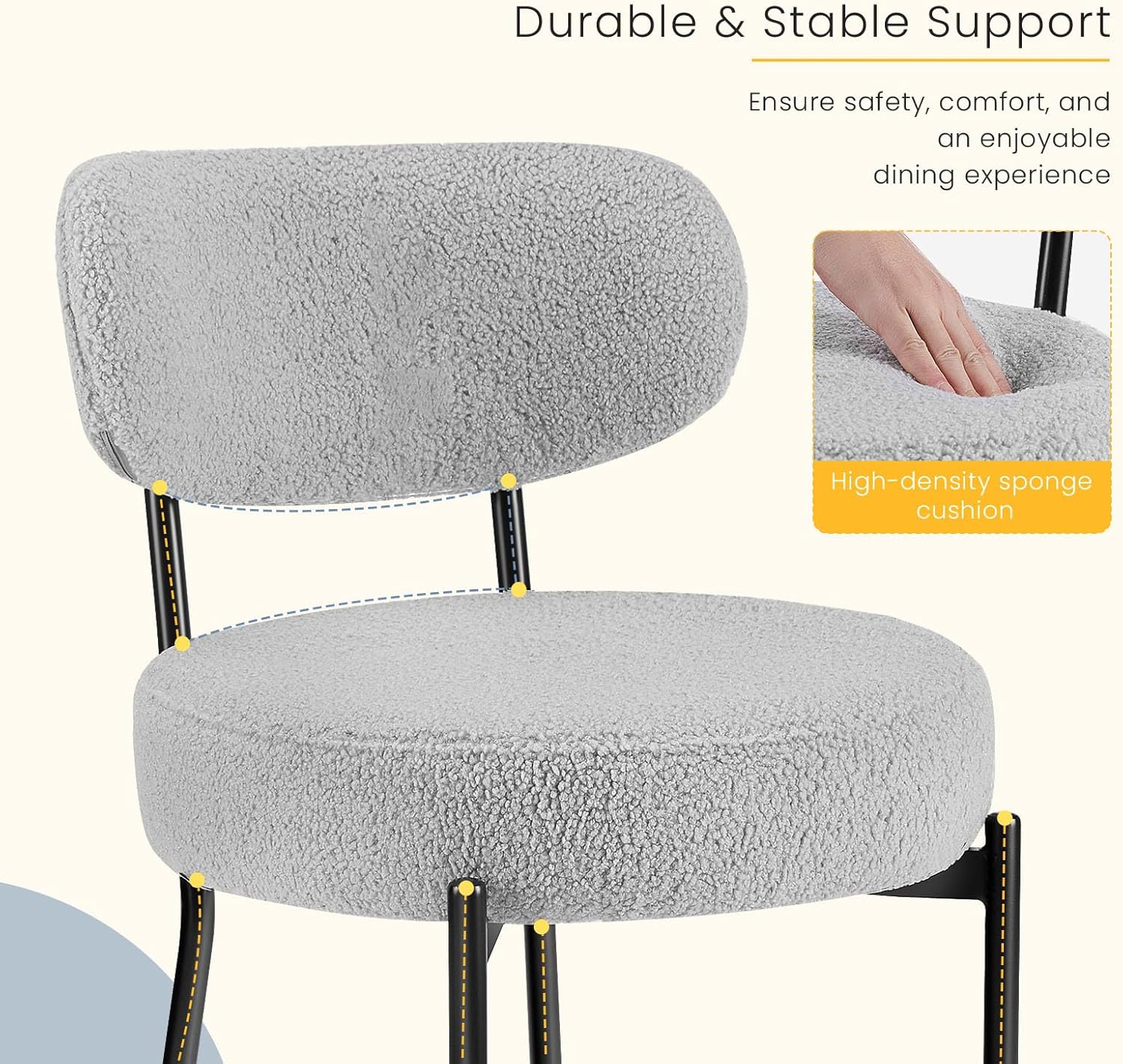 DUMOS Dining Chairs Set of 4, Mid Century Modern Chair Round Upholstered Curved Backrest, Kitchen Vanity Living Room Chairs with Black Metal Legs，Classic Grey