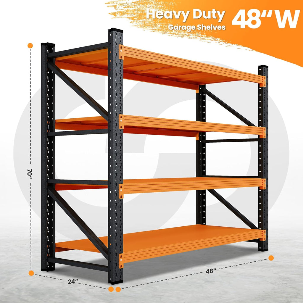 48" W Garage Storage Shelves Heavy Duty, 3000LBS Metal Shelving Units, 4 Tier Tall Metal Shelving, 24" Deep Steel Shelf Rack , Adjustable Utility Standing Shelf for Warehouse/Shop 48"W x 24"D x 70"H