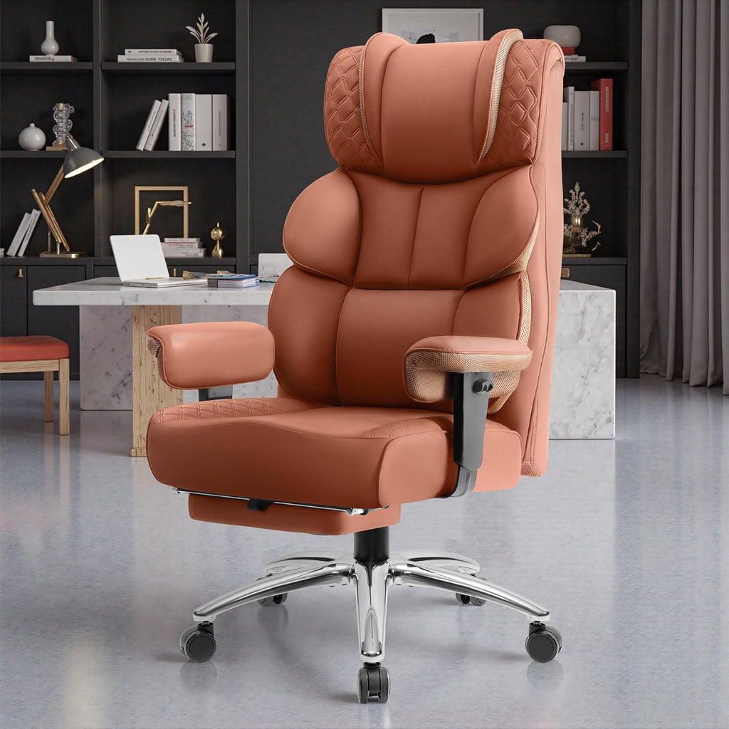 BestGlory Office Desk Chair, Big and Tall Leather Gaming Chair with Footrest, Wide Ergonomic Comfy Executive High-Back Reclining Computer Chairs, Swivel Rolling Wheels and Padded Lumbar Support, Brown