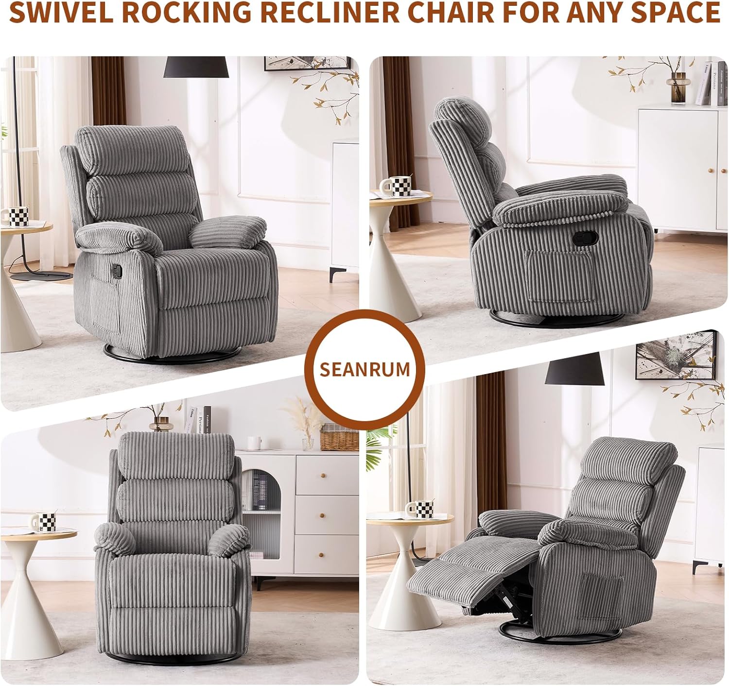 Plush Premium Velvet 360° Swivel Rocker Recliner Chair - High Back Glider with Generous Footrest, Supportive Armrests & Side Pocket for Nursery, Living Room & Small Spaces Grey