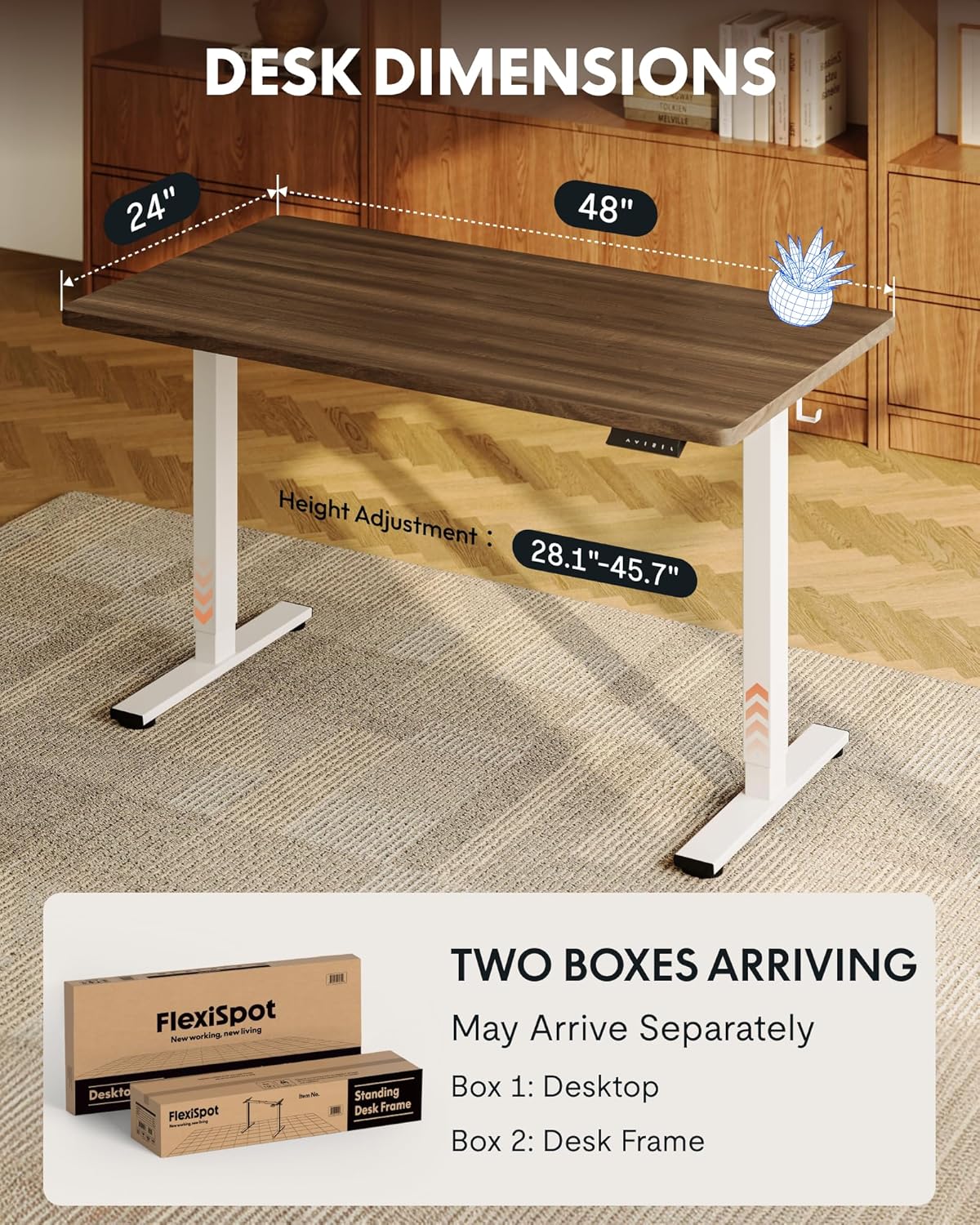 FLEXISPOT EN1 One-Piece Standing Desk with 1-Inch Thick Seamless Desktop, 48"x24" Electric Height Adjustable Desk for Home Office, Multi-Monitor Setups & Easy Assembly, Black Walnut