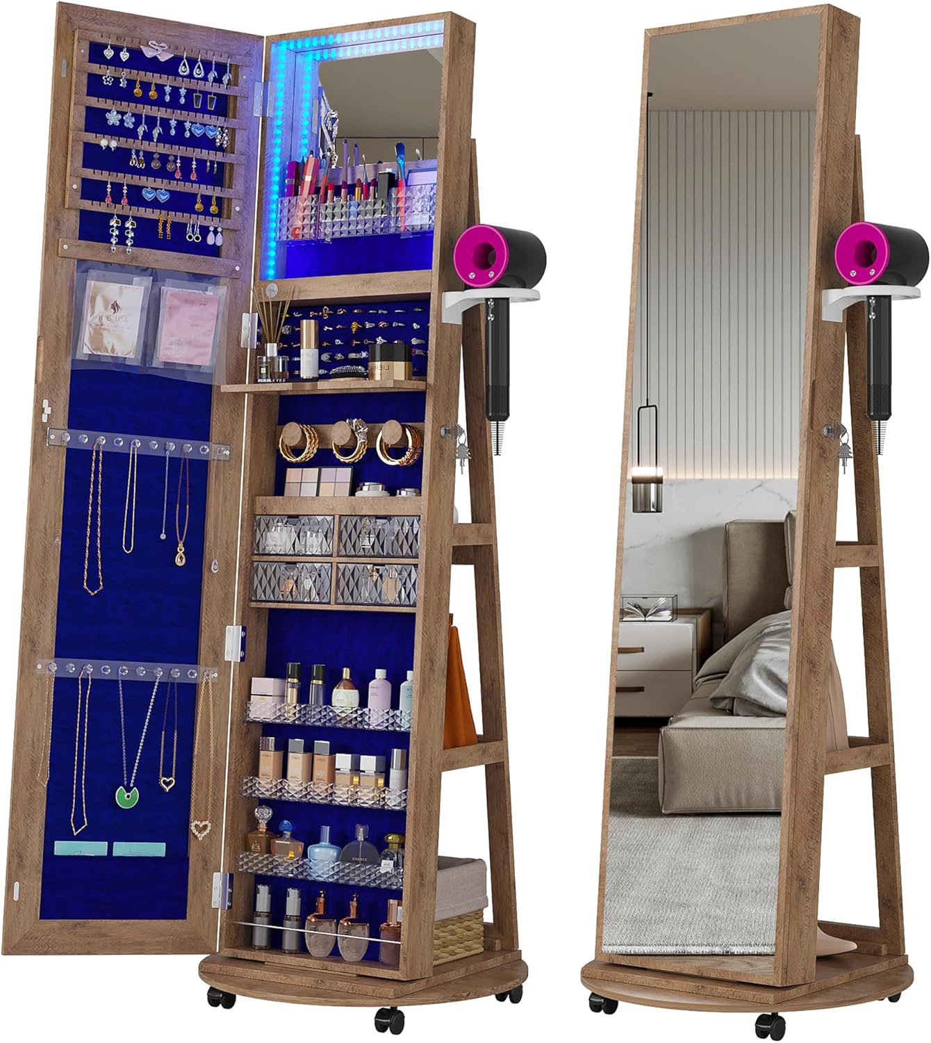 HNEBC 360° Swivel Jewelry Armoire with Mirror, LED Mirror Jewelry Cabinet Standing, Full Length Mirror with Jewelry Storage, Standing Jewelry Organizer/Lockable Wheels/Foldable Makeup Shelf (Wood)