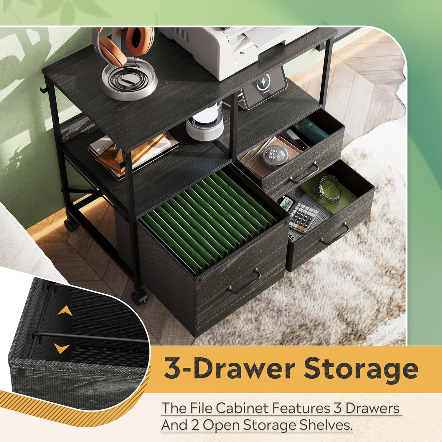 DEVAISE 3 Drawer File Cabinet with Charging Station, Rolling Printer Stand for Office Storage, Mobile Filing Cabinet fits Under Desk Storage, Charcoal Black Wood Grain Print