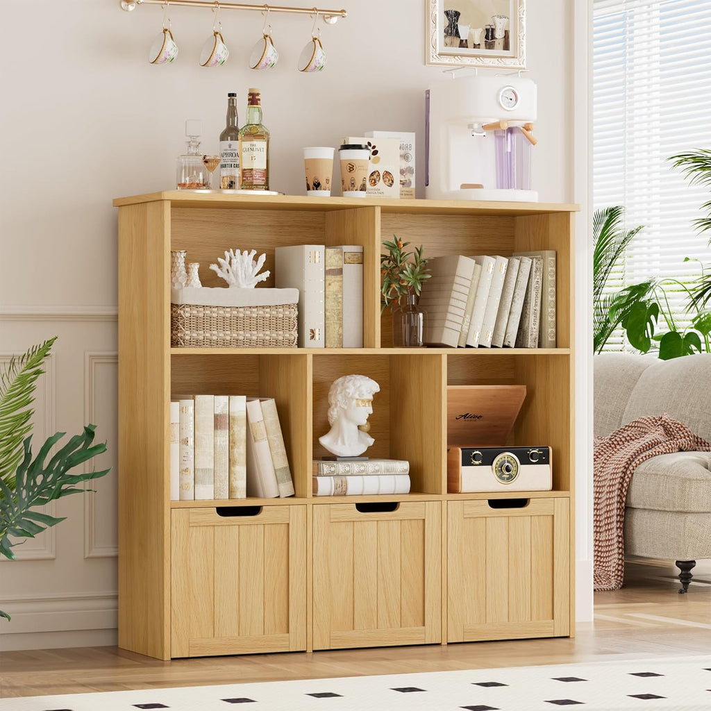 FOTOSOK Toy Storage Organizer with 3 Movable Drawers, Floor Storage Cabinet Toy Chest with Hidden Wheels and 5 Storage Cubbies, Multifunctional Storage Chest for Playroom, Natural