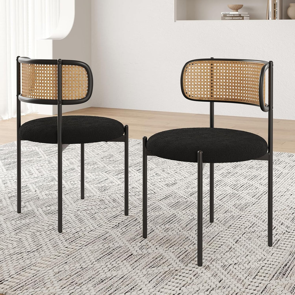 Farini Modern Upholstered Dining Chairs Set of 4,Rattan Back Dining Room Chairs,Accent Kitchen Chairs with Metal Legs,Black