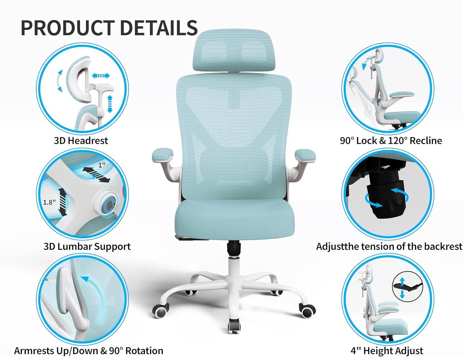 Office Chair - Ergonomic Office Chair with Back Support, Ergonomic Computer Chair - Home Office Desk Chairs, 400lbs Wide Seat Big and Tall Office Chairs with Headrest, Comfy Desk Chairs (Mint Green)