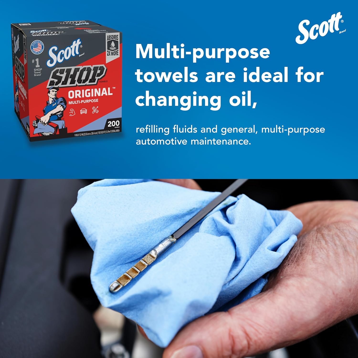 Scott Shop Original Blue Towels (75190), 9"x12" Cloth-like Paper Towel (8 Boxes of 200 Sheets, 1,600 Sheet Total)