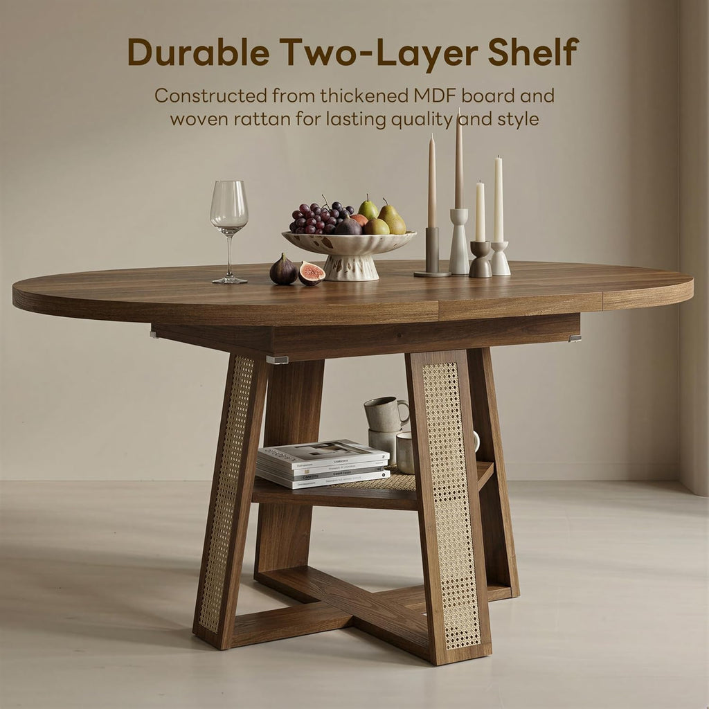 43"-59" Extendable Round Dining Table for 4-8, Transformer Oval Dining Room Table with Removable Leaves Space Saving, Wood Base Kitchen Table with Storage Shelf for Living Room, Walnut
