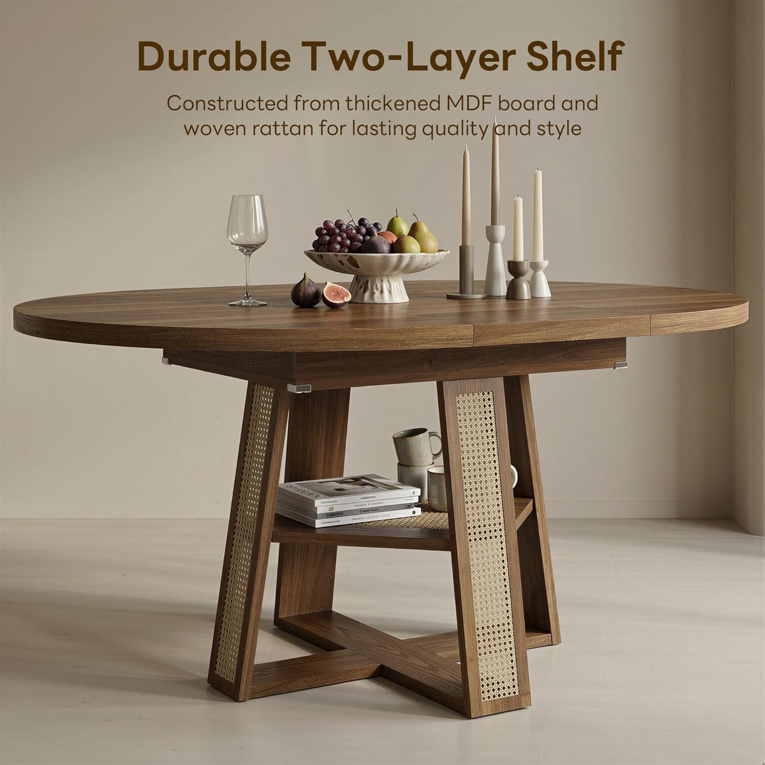 43"-59" Extendable Round Dining Table for 4-8, Transformer Oval Dining Room Table with Removable Leaves Space Saving, Wood Base Kitchen Table with Storage Shelf for Living Room, Walnut