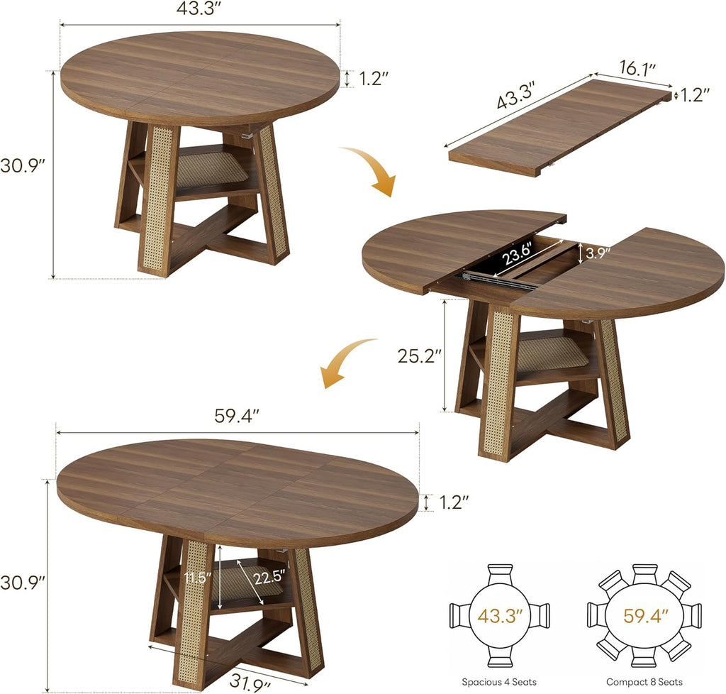 43"-59" Extendable Round Dining Table for 4-8, Transformer Oval Dining Room Table with Removable Leaves Space Saving, Wood Base Kitchen Table with Storage Shelf for Living Room, Walnut