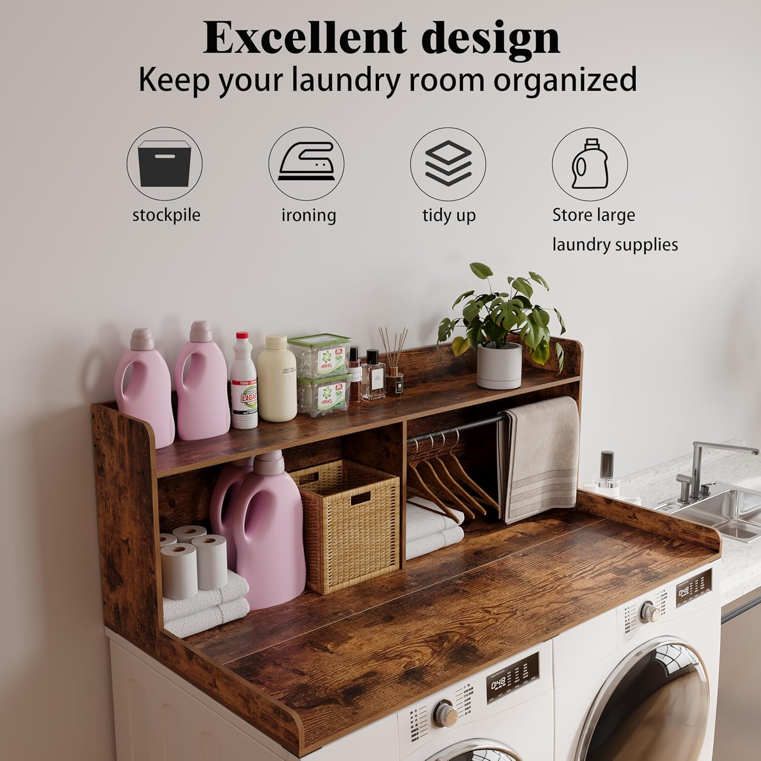 Unionly 2-Tier Washer Dryer Countertop with Clothes Rail，Laundry Topper with Edge and Non-Slip Pad for Washer and Dryer Laundry Hamper Counter Storage Organization (Rustic Brown, Full)