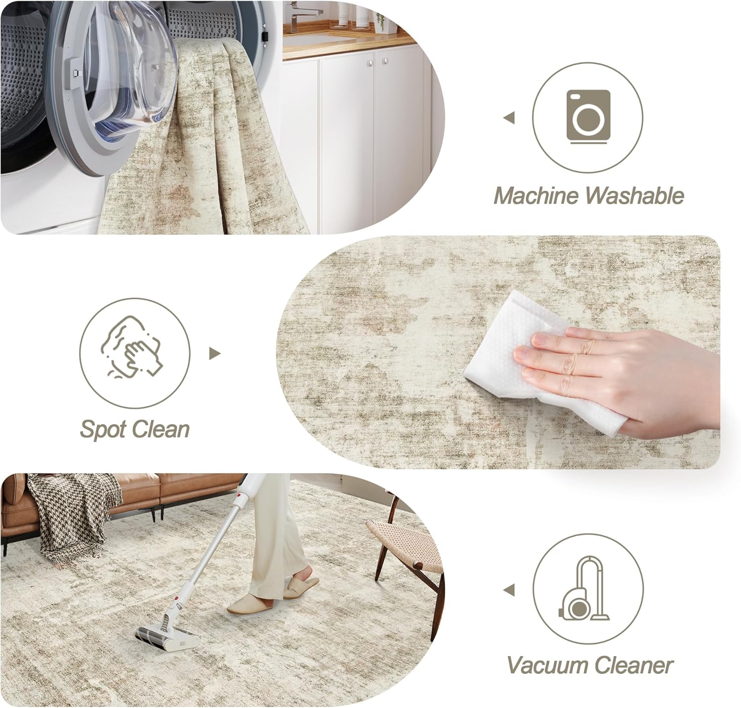 Soalmost 9x12 Area Rug for Living Room, Abstract Non Slip Machine Washable Vintage Carpets, Low Pile Lightweight Large Rug for Bedroom, Dining Room, Home Office Beige Gray