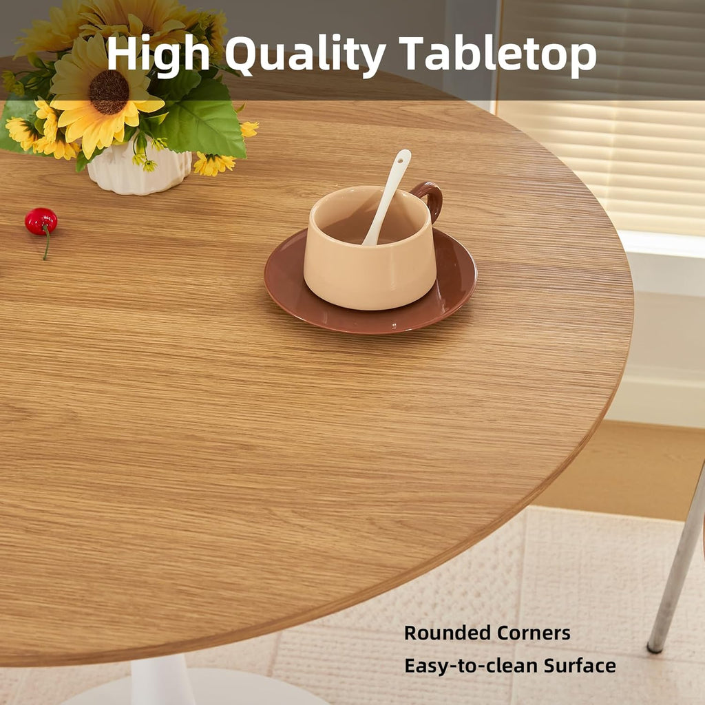 Round Dining Table, 31.5" Circle Tulip Table with Thickened Tabletop & Metal Pedestal, Mid Century Modern Bistro Table for Kitchen, Small Places, Living Room, Cafe (Faux Oak)