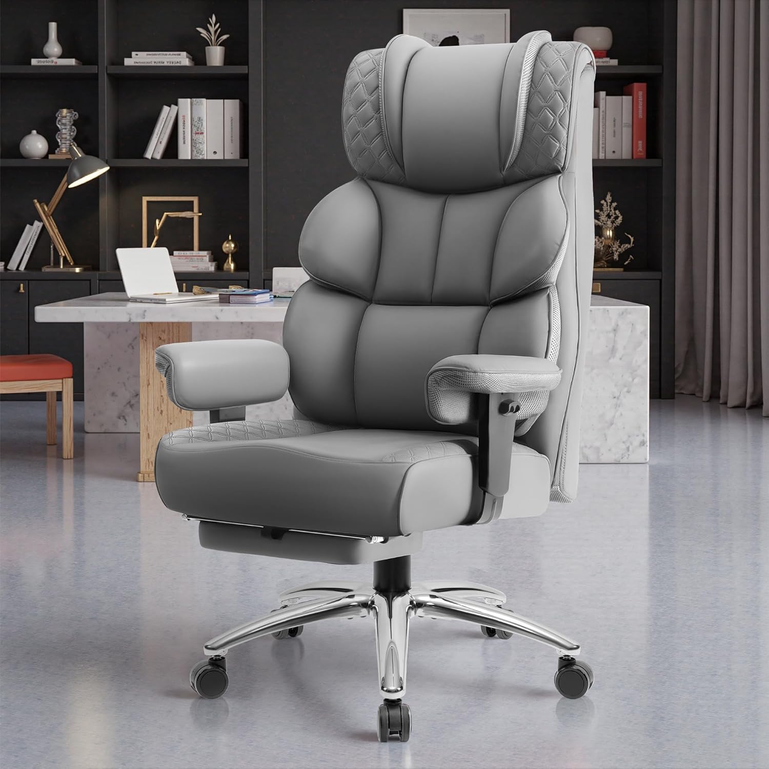 BestGlory Office Desk Chair, Big and Tall Leather Gaming Chair with Footrest, Wide Ergonomic Comfy Executive High-Back Reclining Computer Chairs, Swivel Rolling Wheels and Padded Lumbar Support, Gray