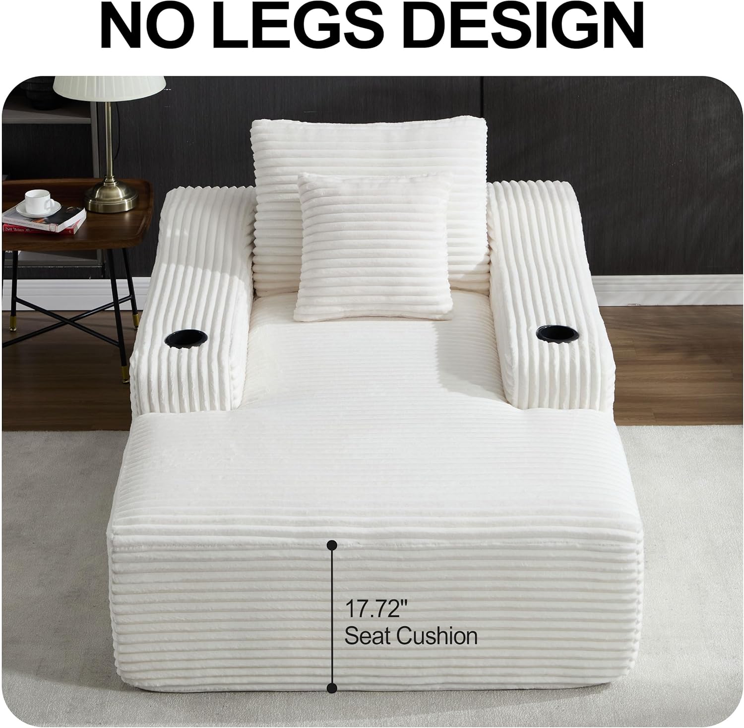 Chaise Lounge Chair Indoor, Cloud Sofa Bed with Cup Holders, Corduroy Upholstered Couch with 17.71" Seat High, Lazy Sofa Bed for Living Room Apart, Fully Assembled - White