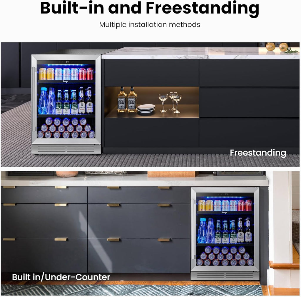 24 Inch Beverage Refrigerator – 180 Can Built-In Under Counter Drink Fridge with Glass Door, 34–54°F Cooling for Beer, Soda & Wine (Right-Hinged)