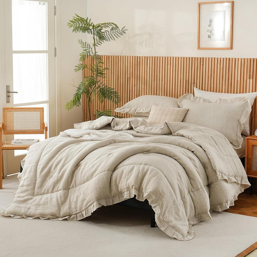 Merryword Linen Ruffled Comforter Set Queen Size 3 Pieces Natural French Flax Linen Bedding Shabby Chic Farmhouse Comforter Soft Breathable Moisture Wicking Bedding Set