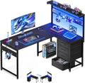 MOTPK 43” L Shaped Gaming Desk for Small Rooms, Compact Corner Computer Table with Shelf & Hutch, 4 Drawers, Reversible Study Desk with LED Light, Home Office Table, Black